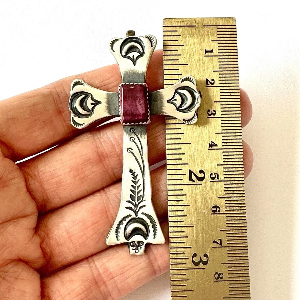 Navajo Cross Pendant 2.7in Purple Spiny Oyster Yucca Sterling V Cayancito Signed